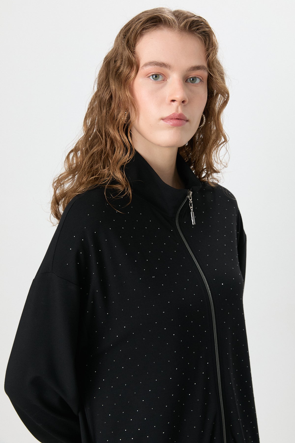 Stone Detail Pants and Tunic Knit Set - Black