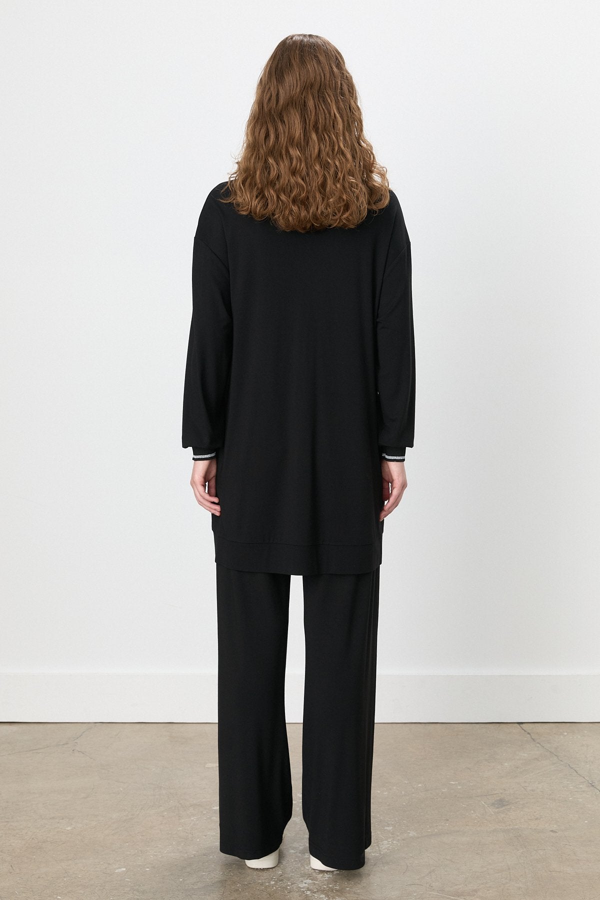 Stone Detail Pants and Tunic Knit Set - Black
