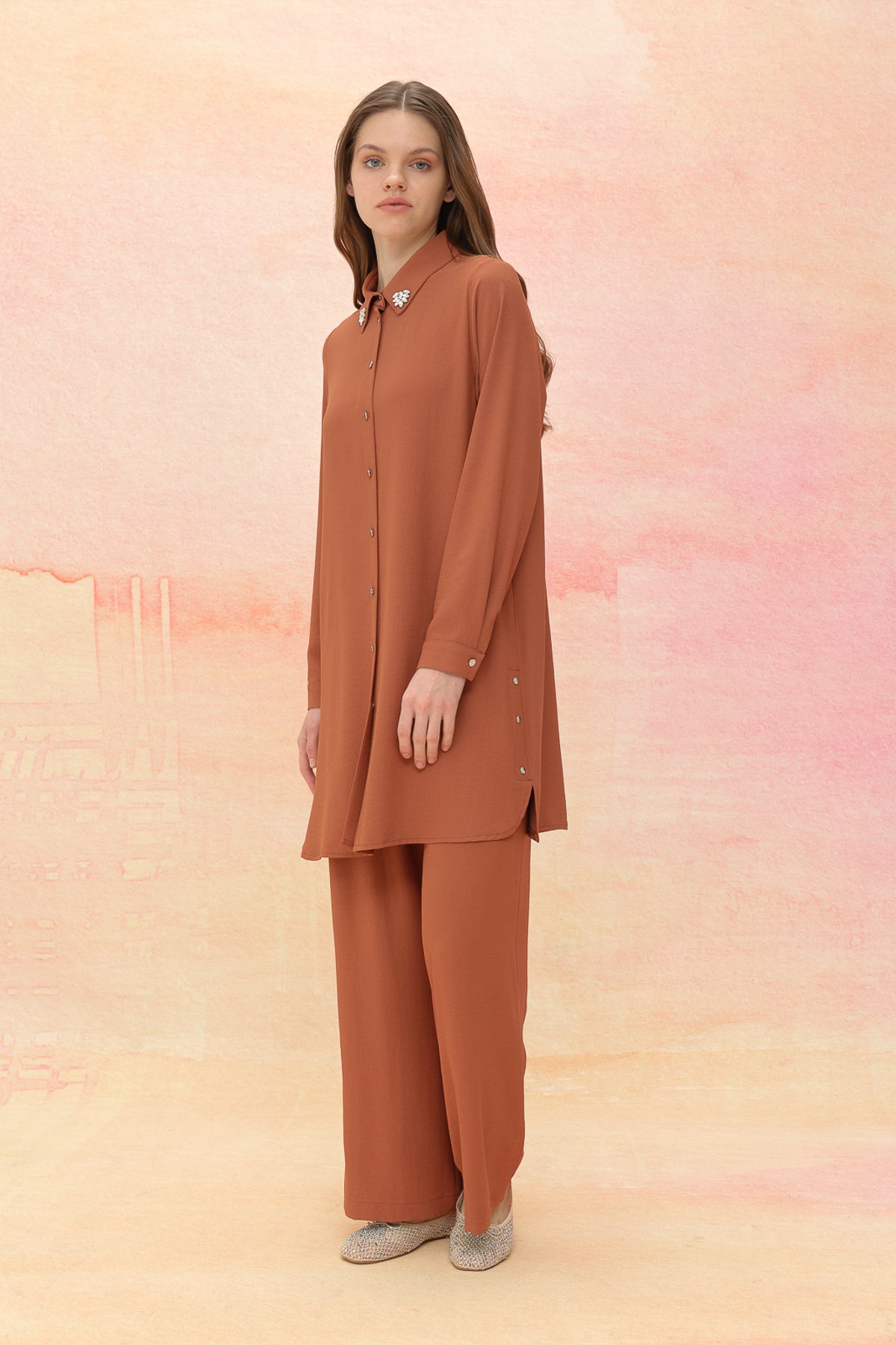 Taş Detaylı Pantolon Tunik Takım - Açık Kahve
