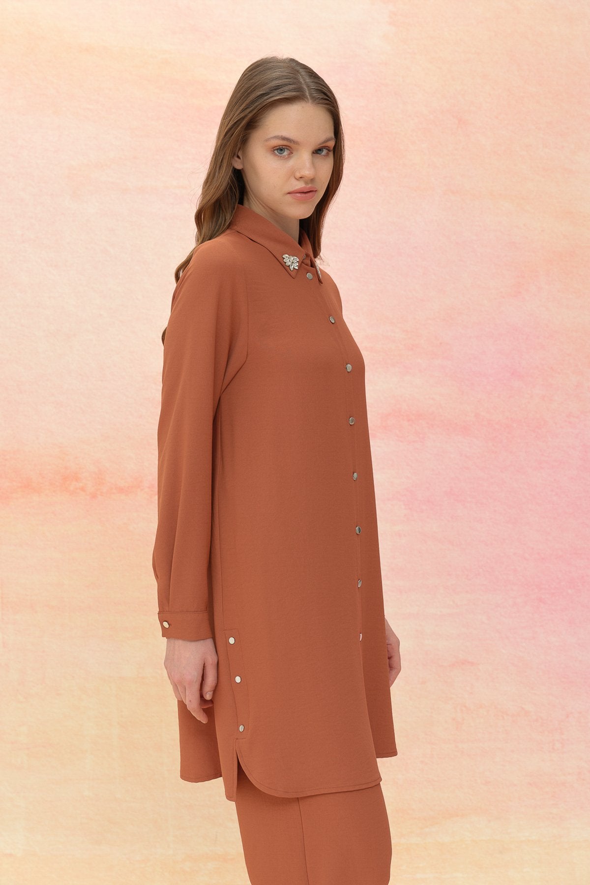 Taş Detaylı Pantolon Tunik Takım - Açık Kahve