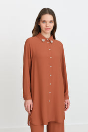 Taş Detaylı Pantolon Tunik Takım - Açık Kahve