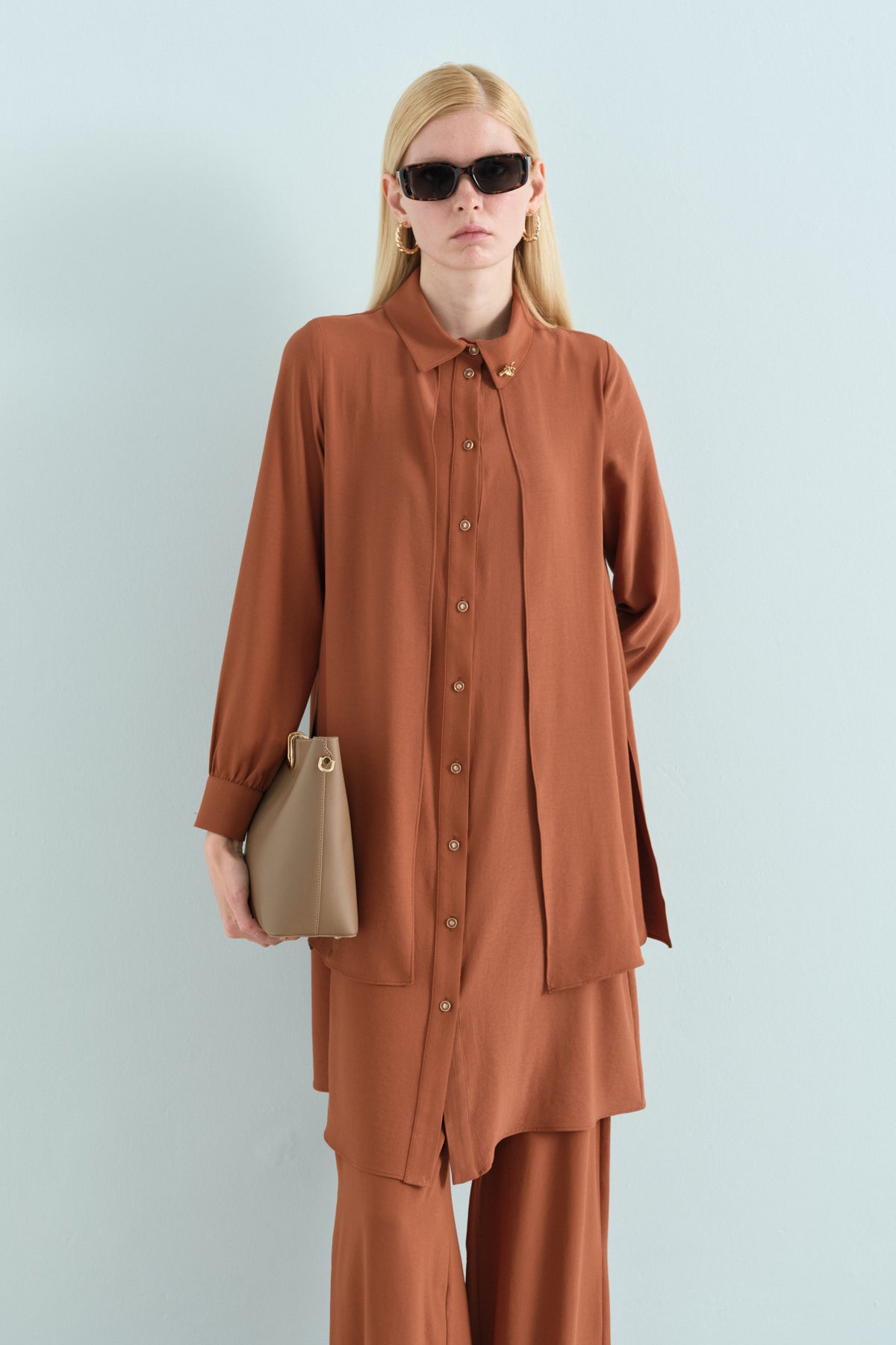 Taş Detaylı Pantolon Tunik Takım - Açık Kahve