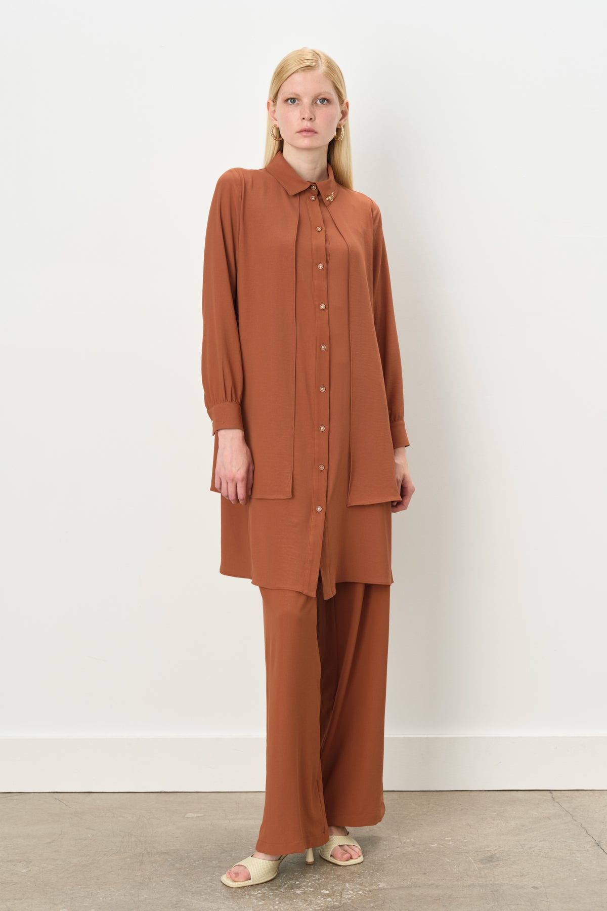 Stone Detail Pants and Tunic Set - Light Brown