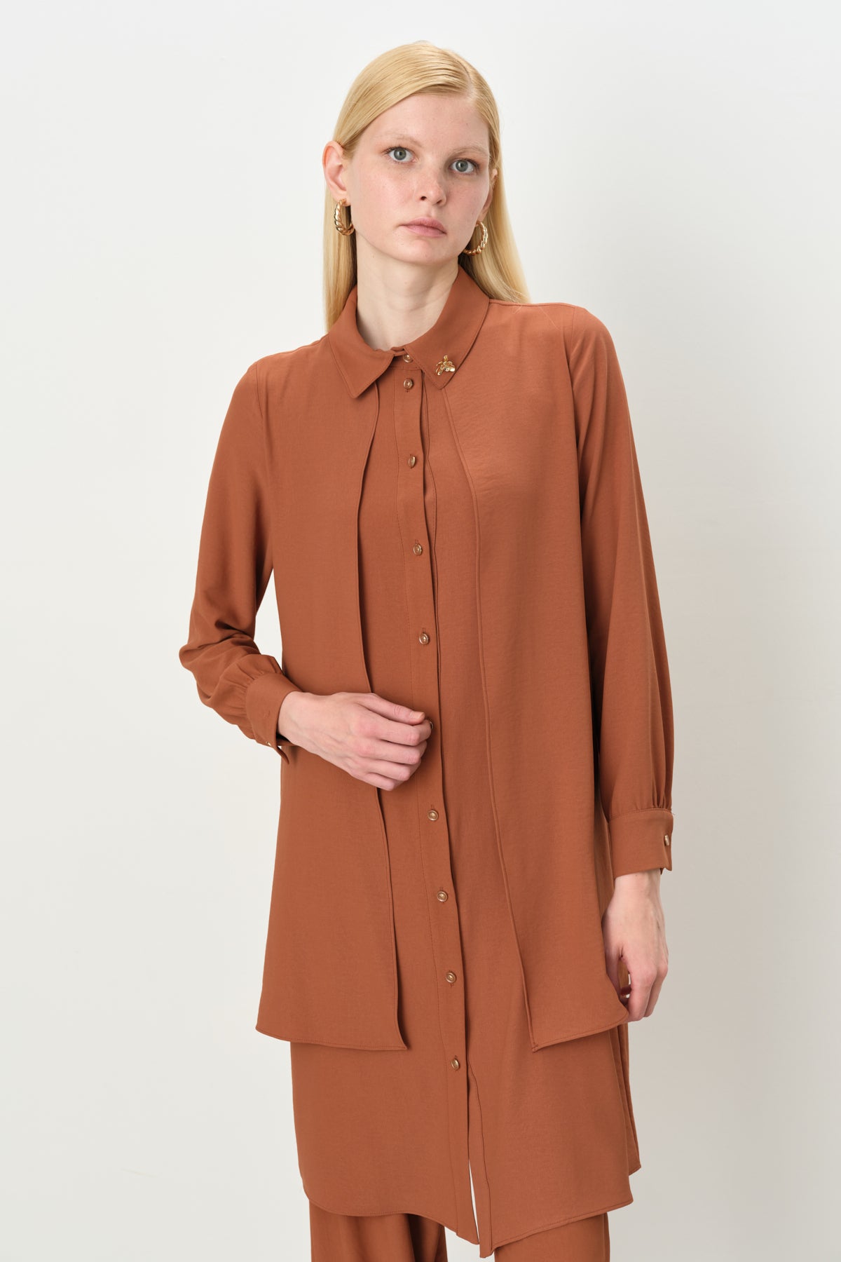 Stone Detail Pants and Tunic Set - Light Brown
