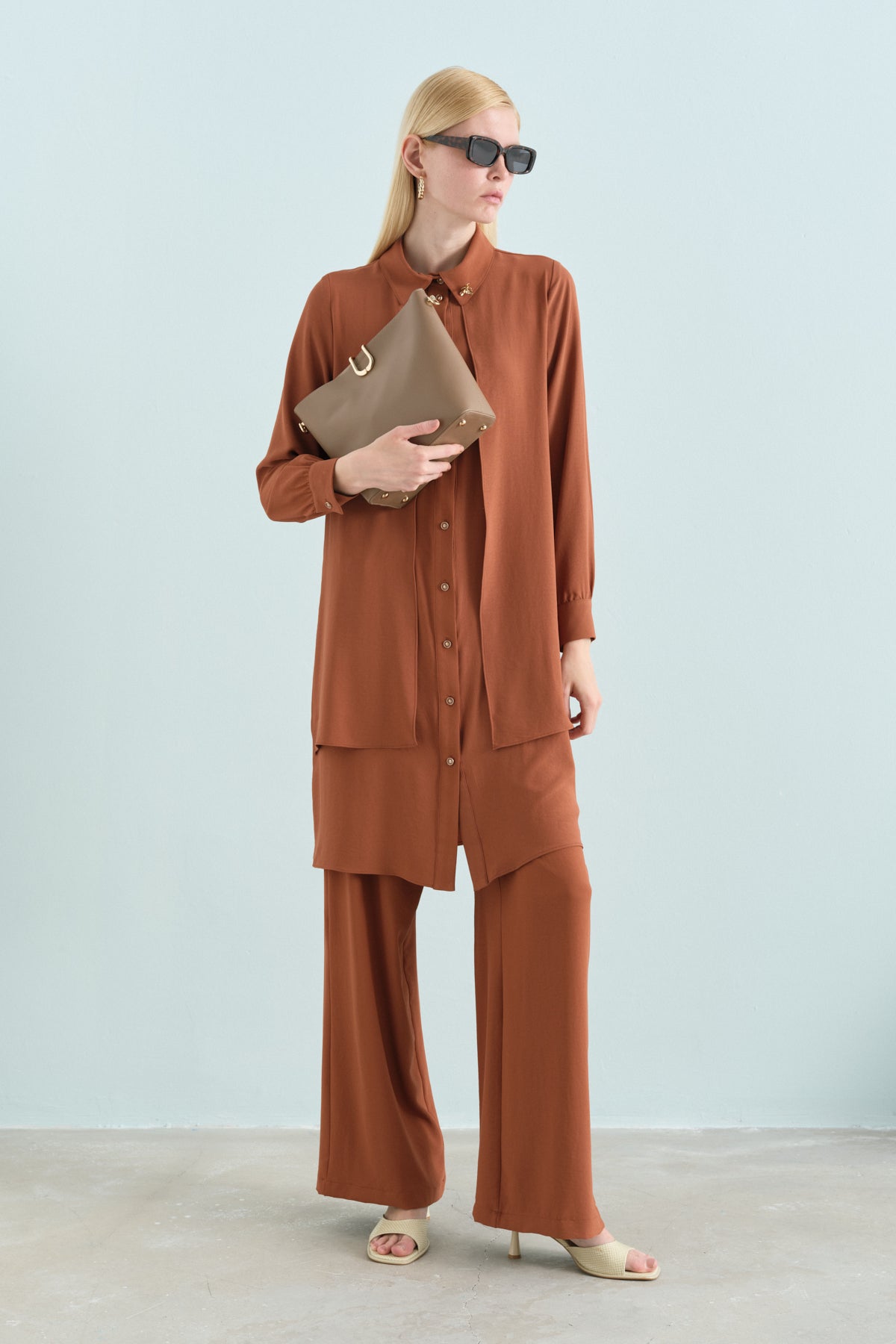 Stone Detail Pants and Tunic Set - Light Brown