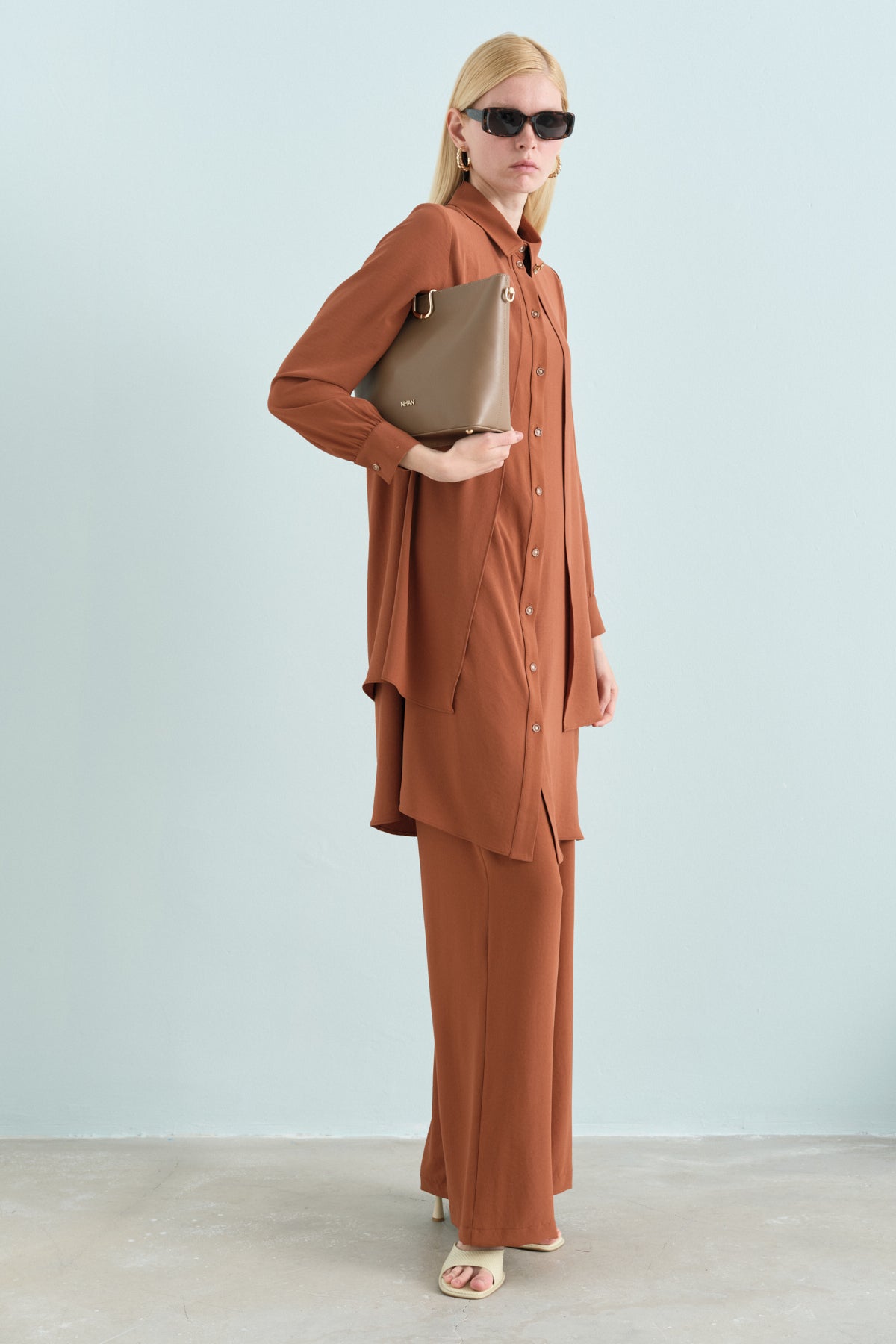 Stone Detail Pants and Tunic Set - Light Brown