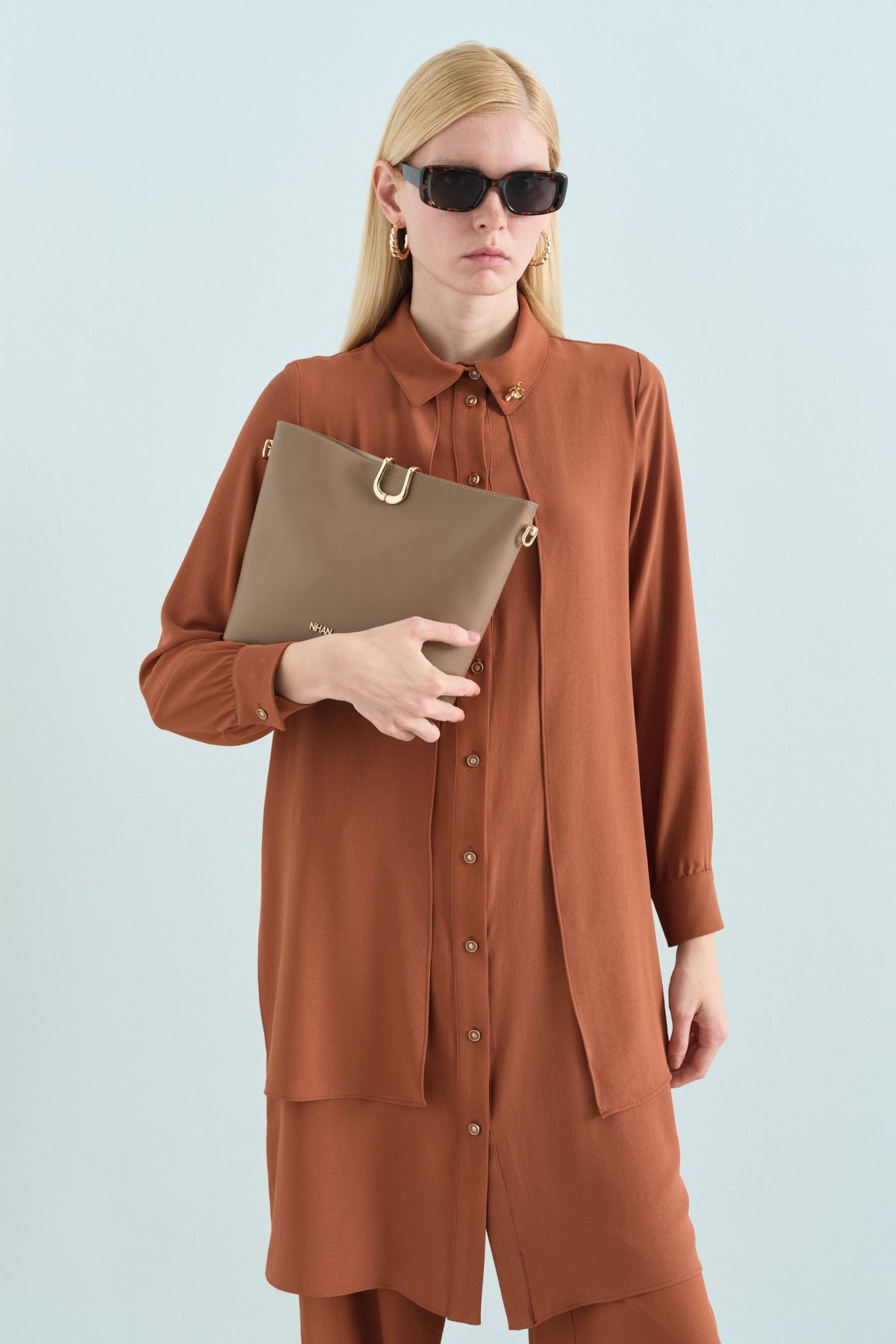 Stone Detail Pants and Tunic Set - Light Brown