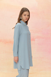 Stone Detail Pants Tunic Set - Light Blue