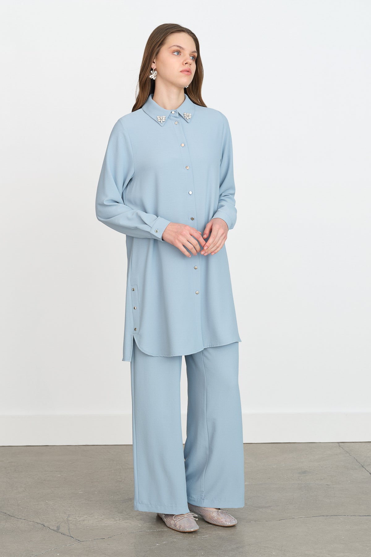 Stone Detail Pants Tunic Set - Light Blue