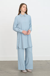 Stone Detail Pants Tunic Set - Light Blue