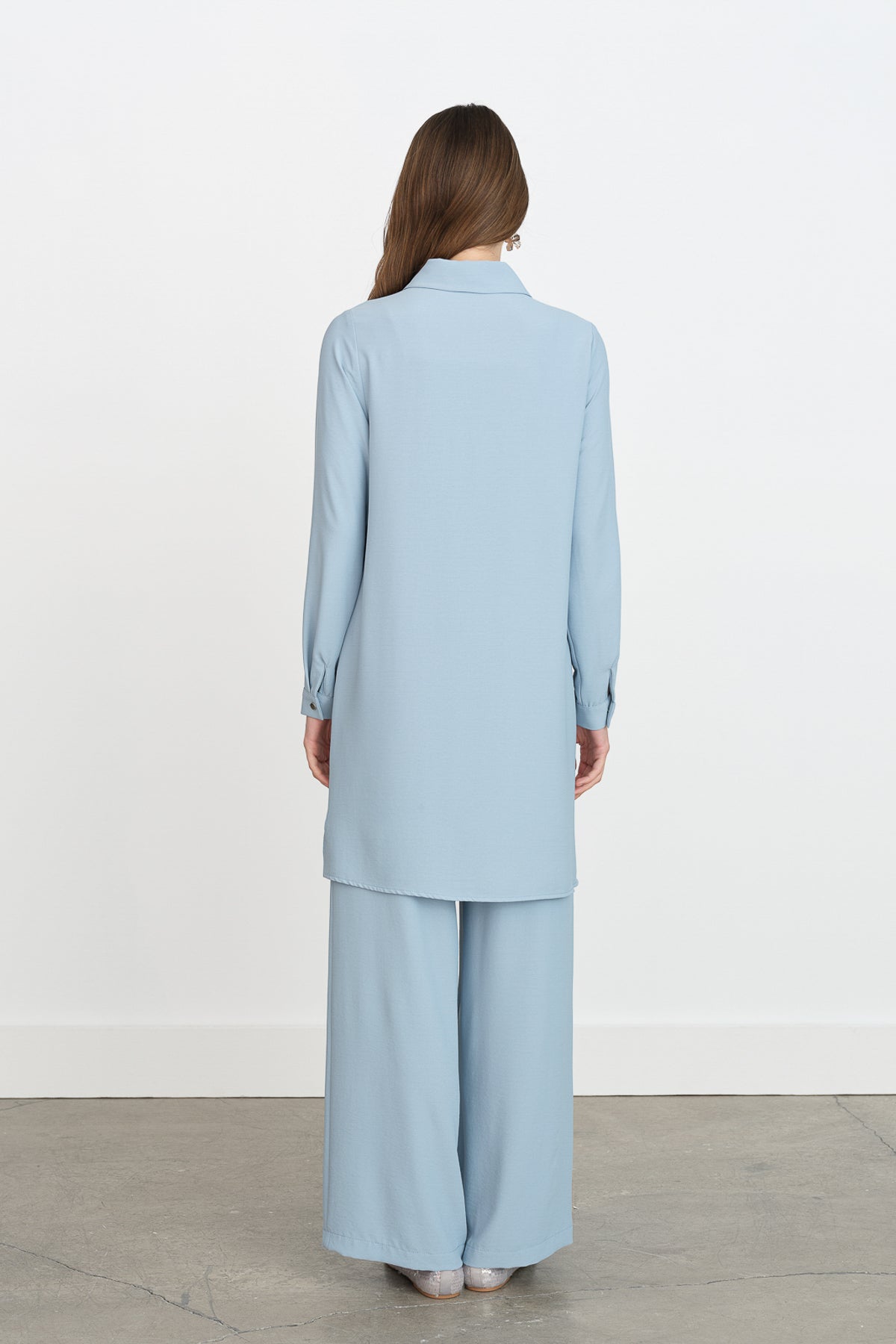 Stone Detail Pants Tunic Set - Light Blue