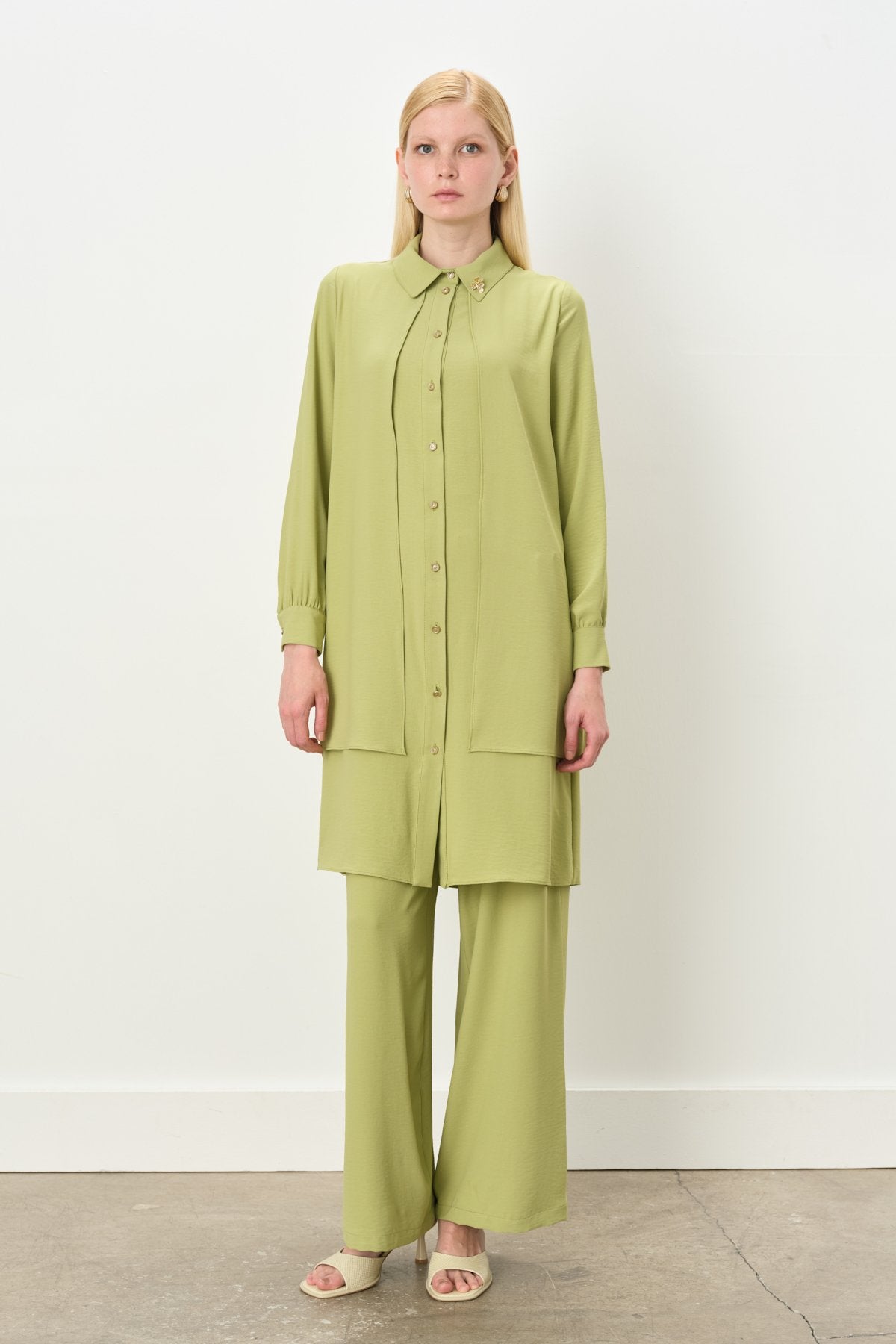 Stone Detail Pants and Tunic Set - Apple Green