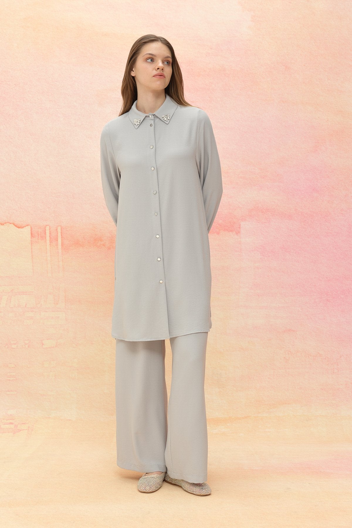 Stone Detail Pants and Tunic Set - Grey