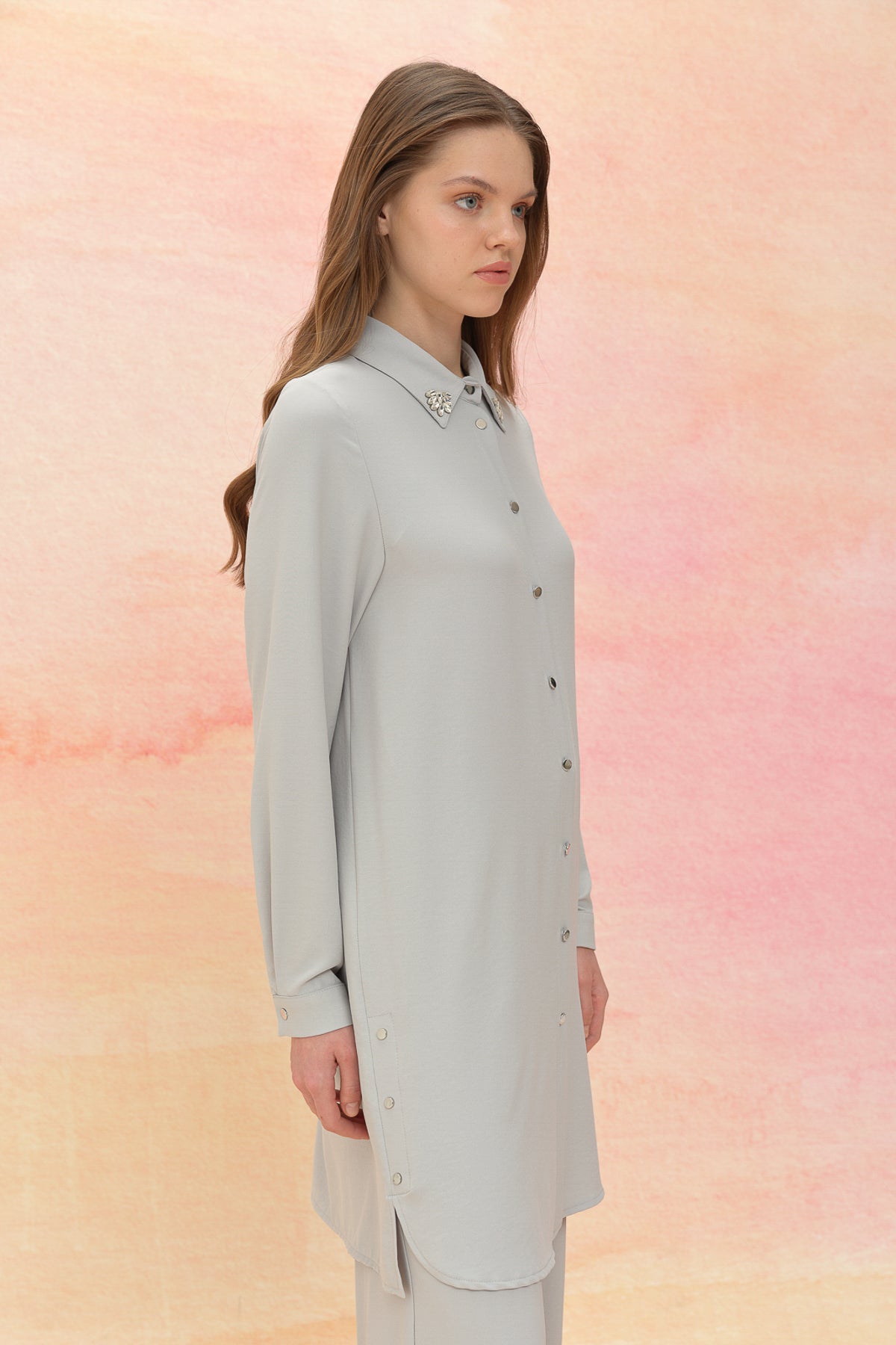 Stone Detail Pants and Tunic Set - Grey