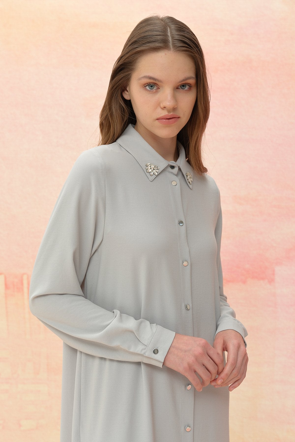 Stone Detail Pants and Tunic Set - Grey