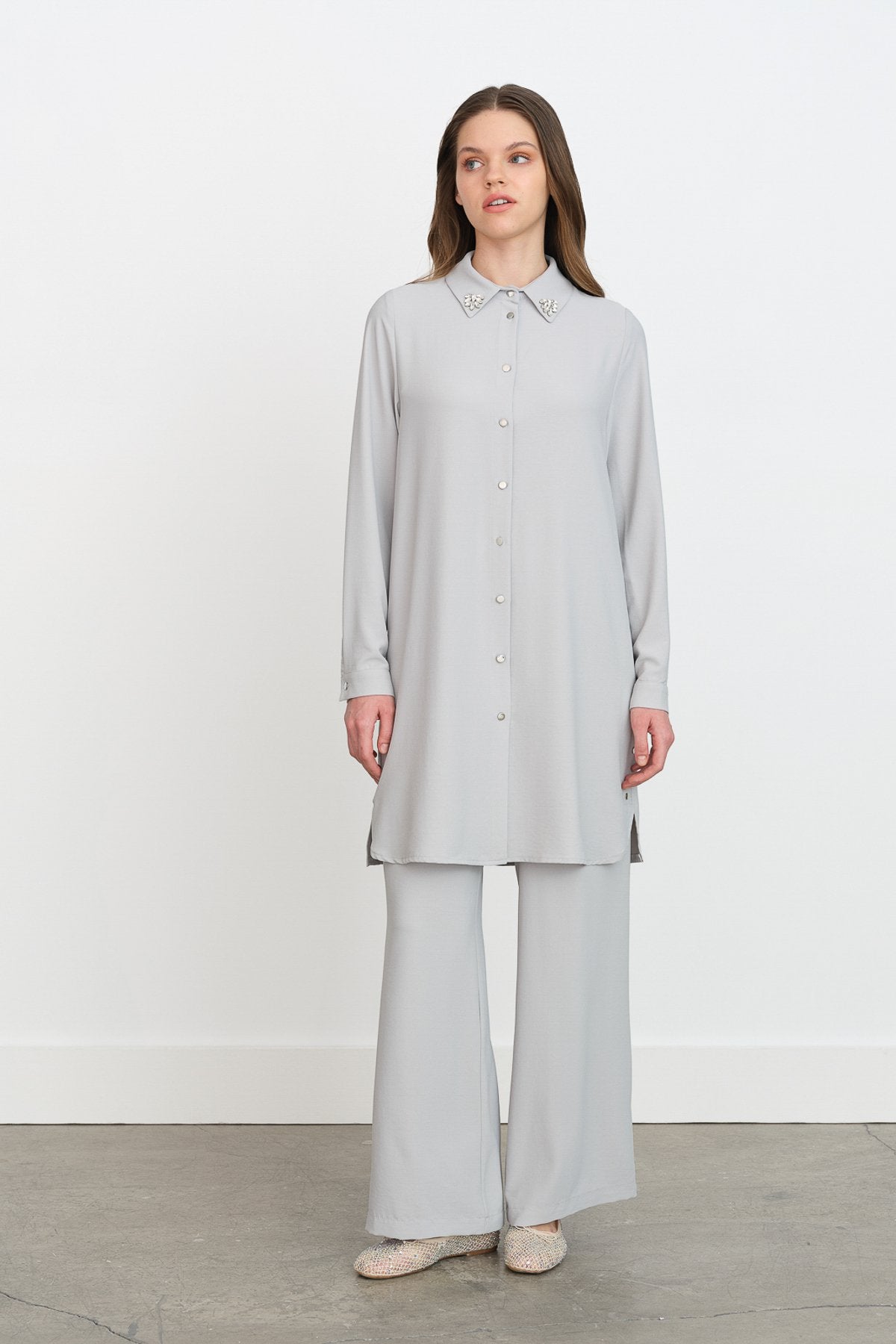 Stone Detail Pants and Tunic Set - Grey