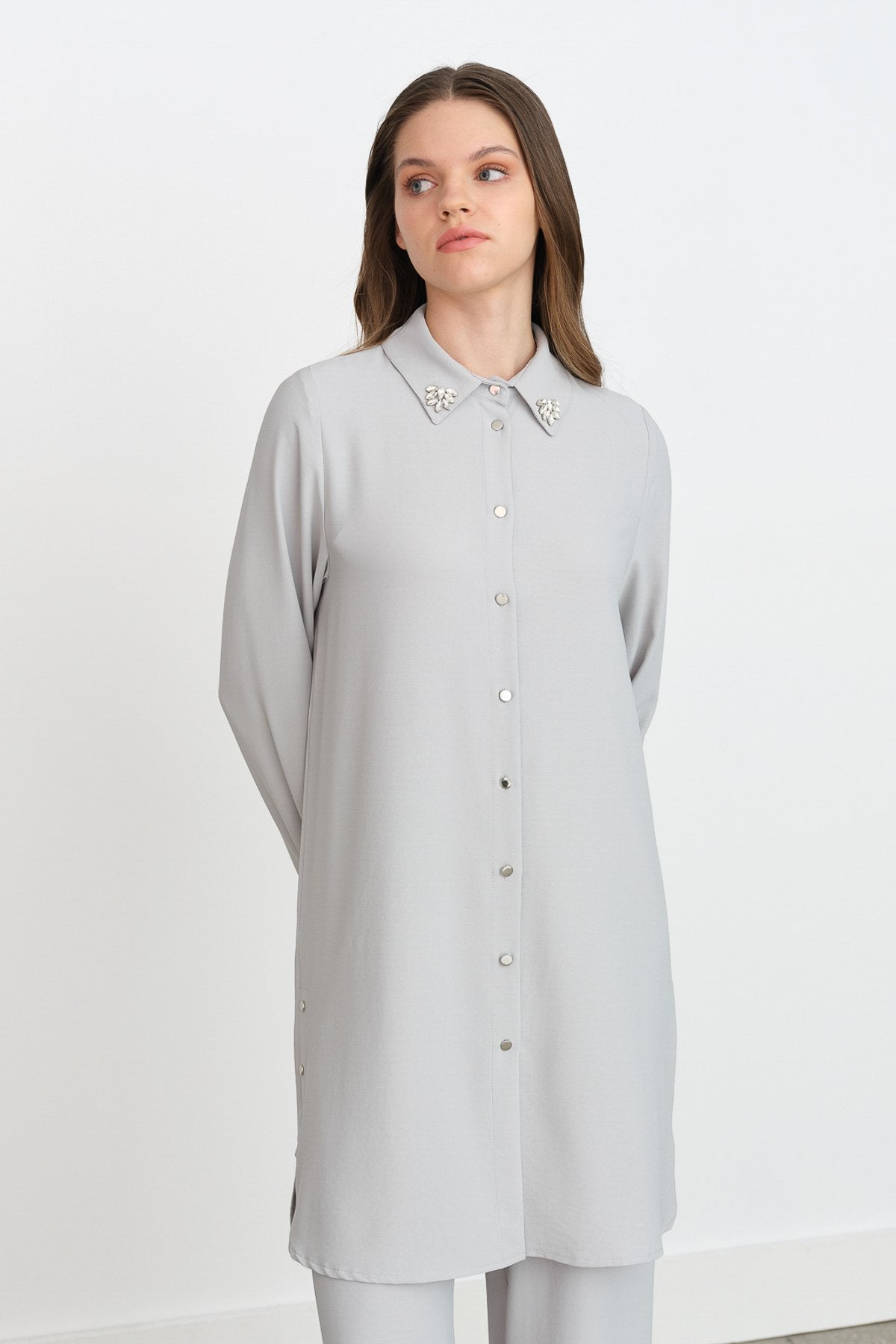 Stone Detail Pants and Tunic Set - Grey