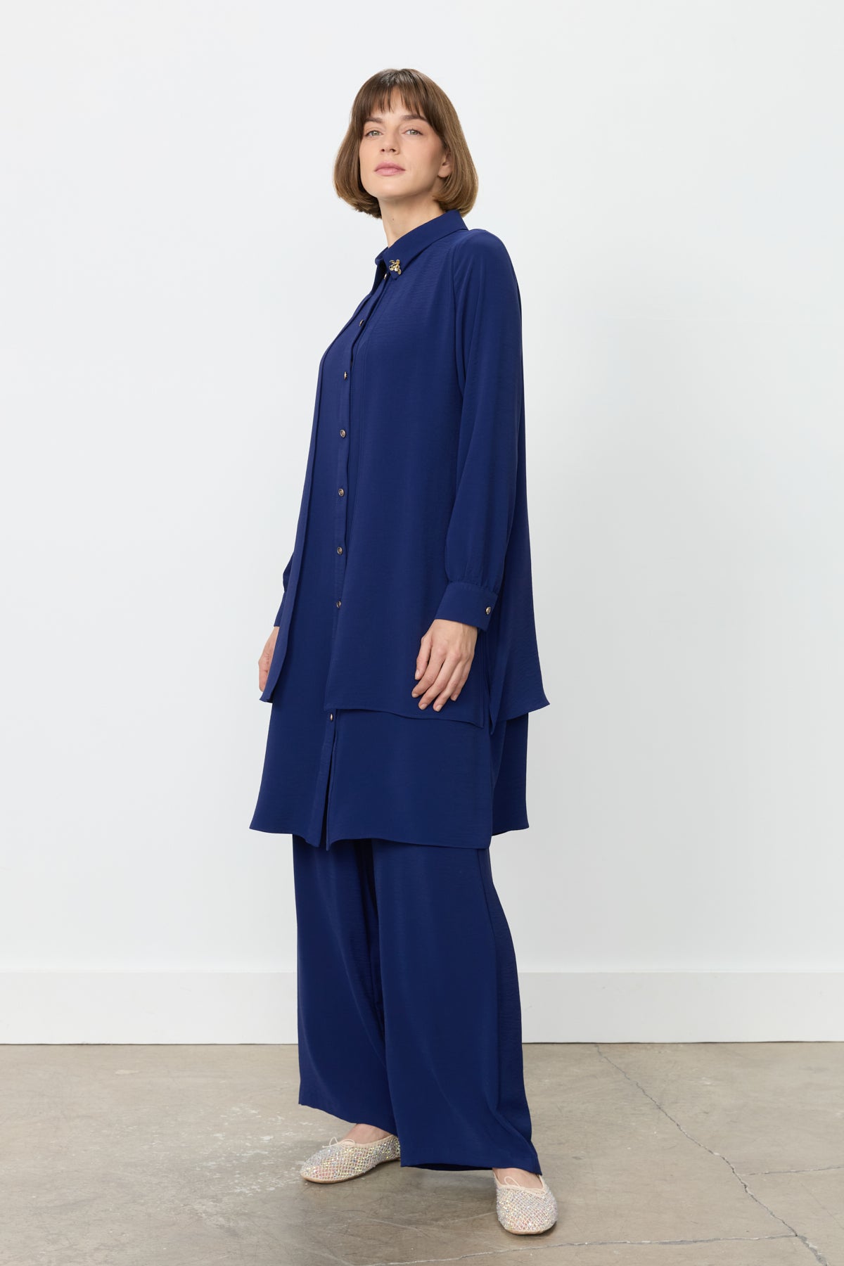 Embellished Pants Tunic Set - Navy Blue