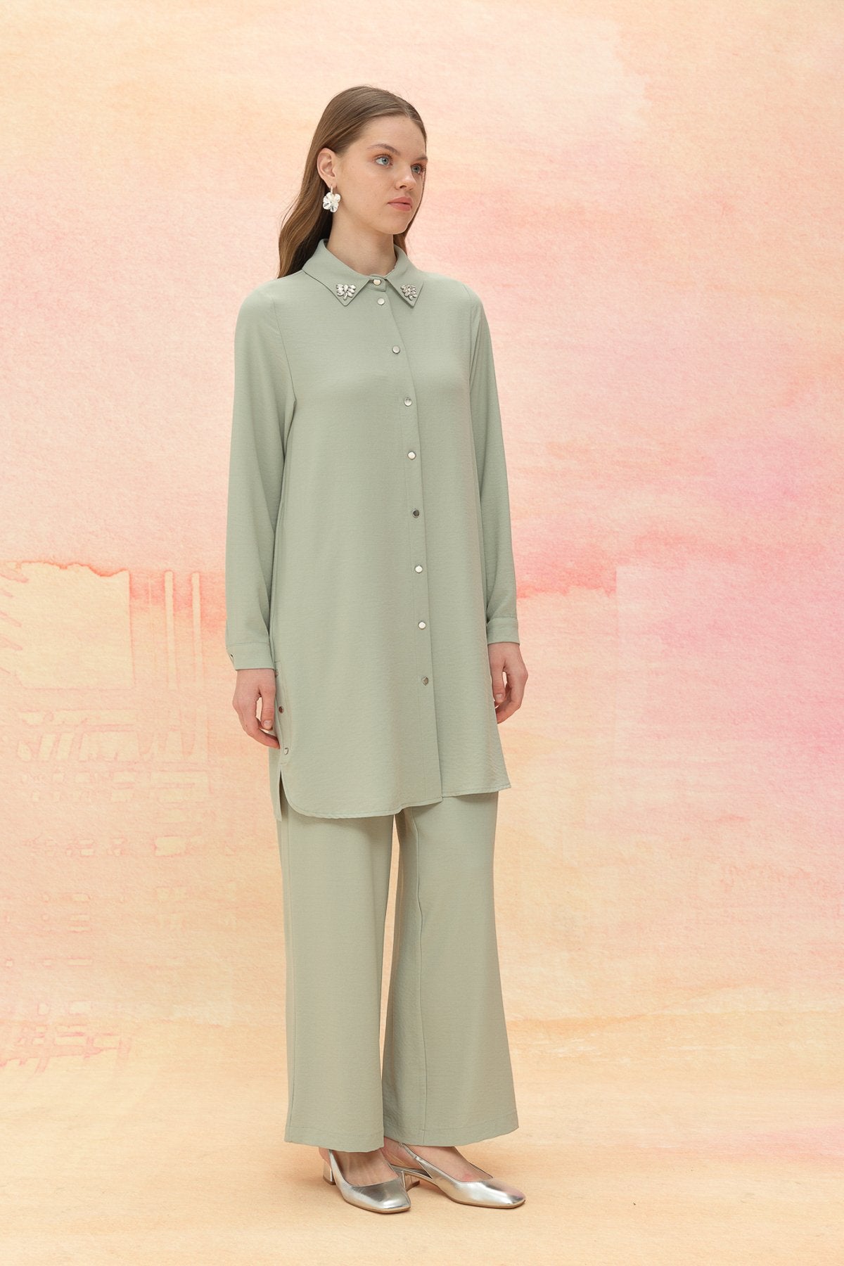 Taş Detaylı Pantolon Tunik Takım - Mint