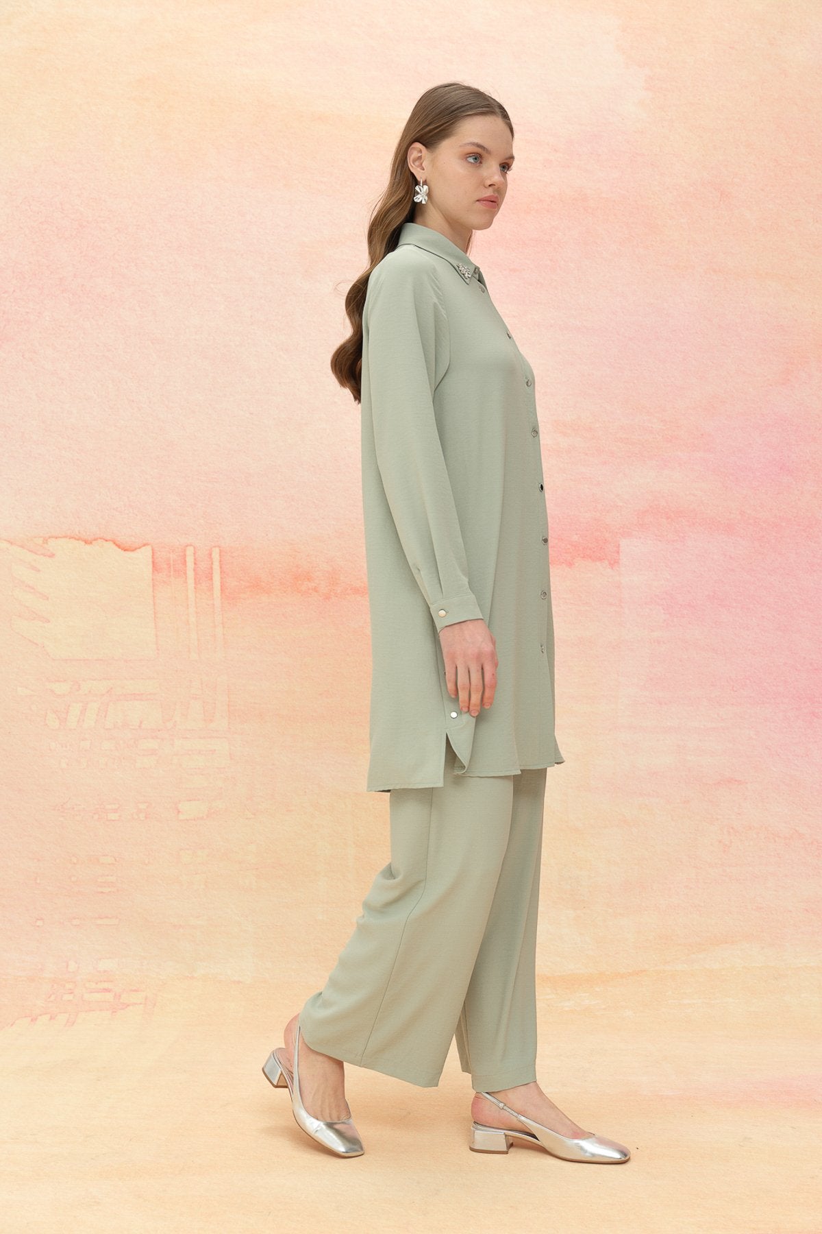 Taş Detaylı Pantolon Tunik Takım - Mint