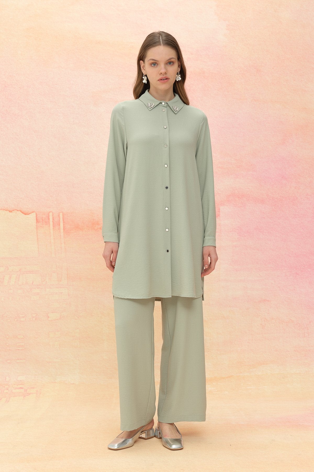 Taş Detaylı Pantolon Tunik Takım - Mint