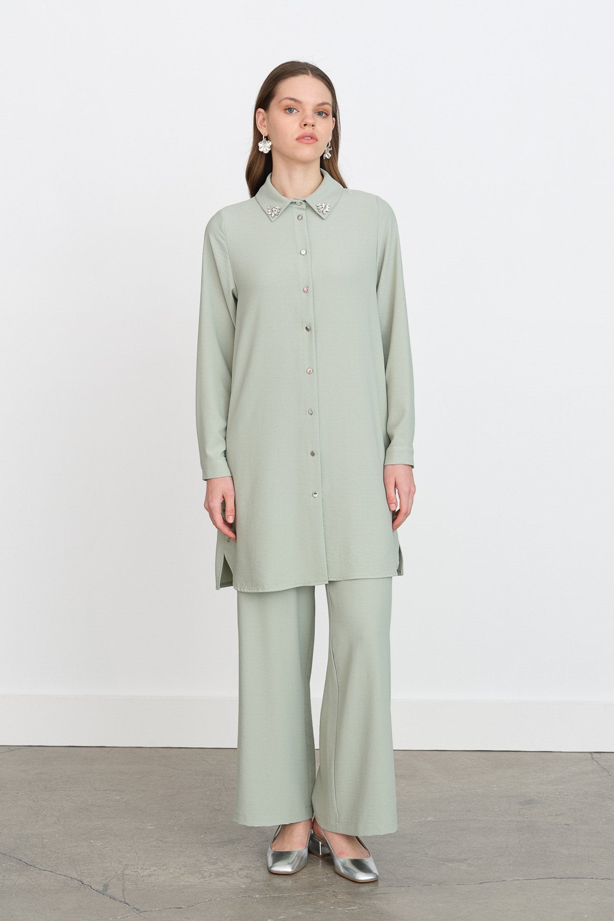 Taş Detaylı Pantolon Tunik Takım - Mint