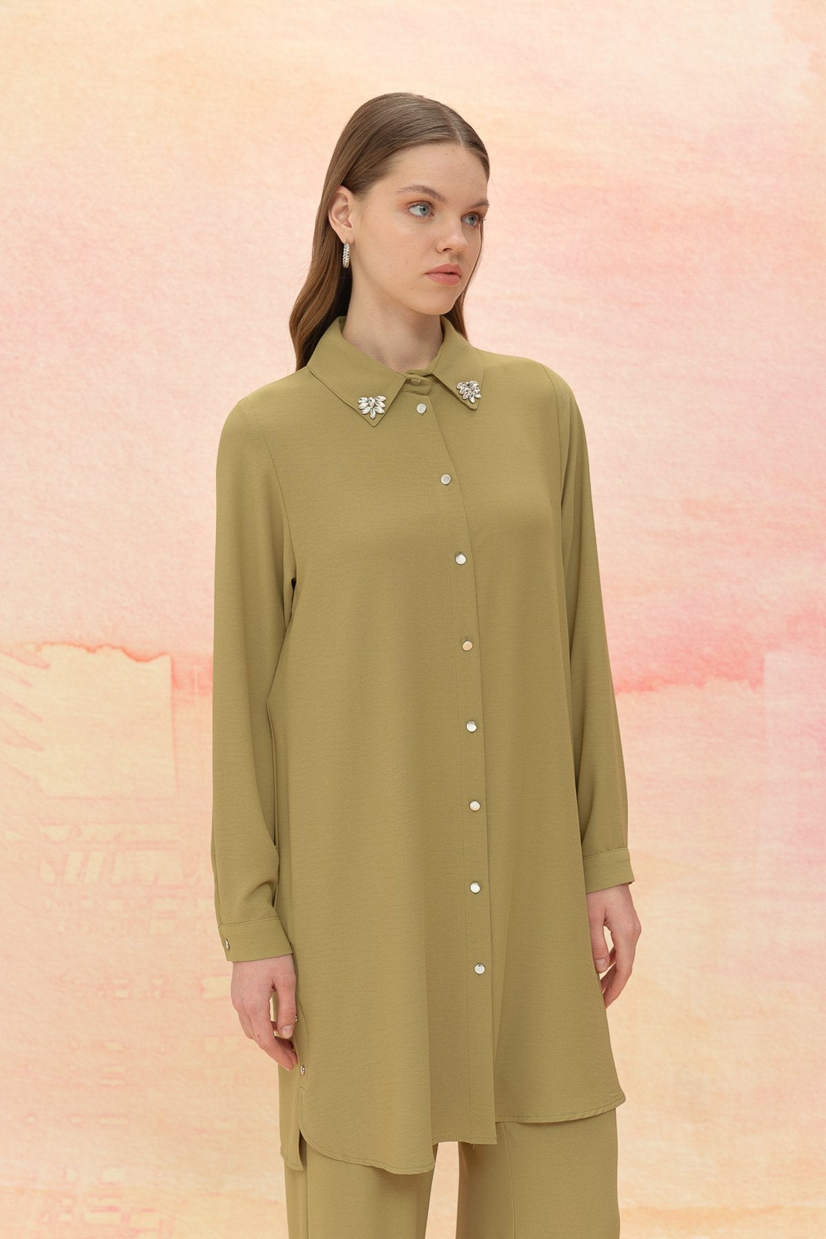 Taş Detaylı Pantolon Tunik Takım - Olive