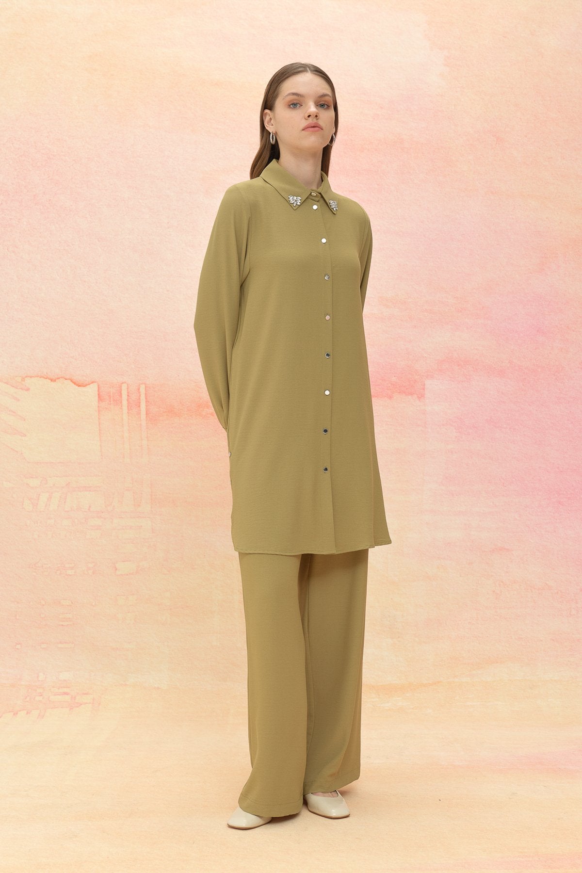 Taş Detaylı Pantolon Tunik Takım - Olive