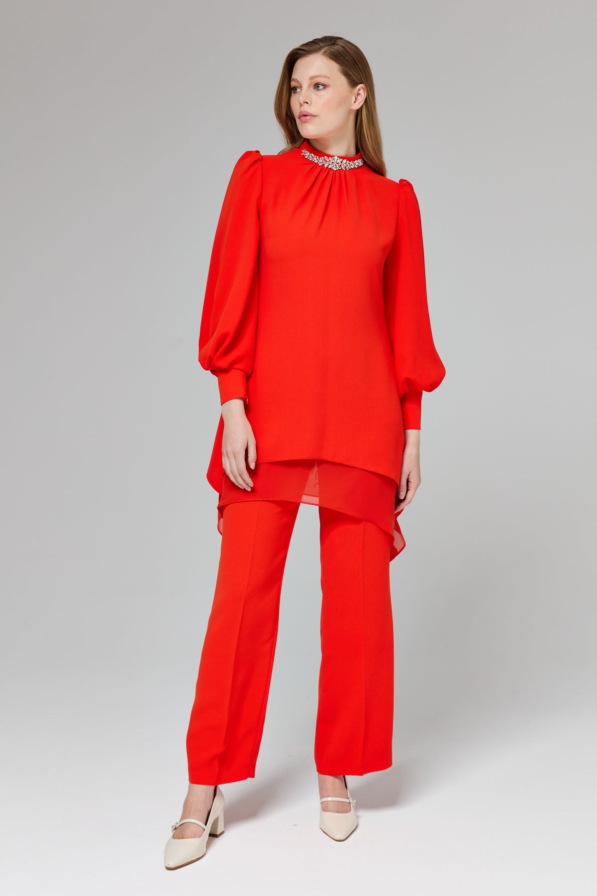 Taş Detaylı Pantolon Tunik Takım - Oranj