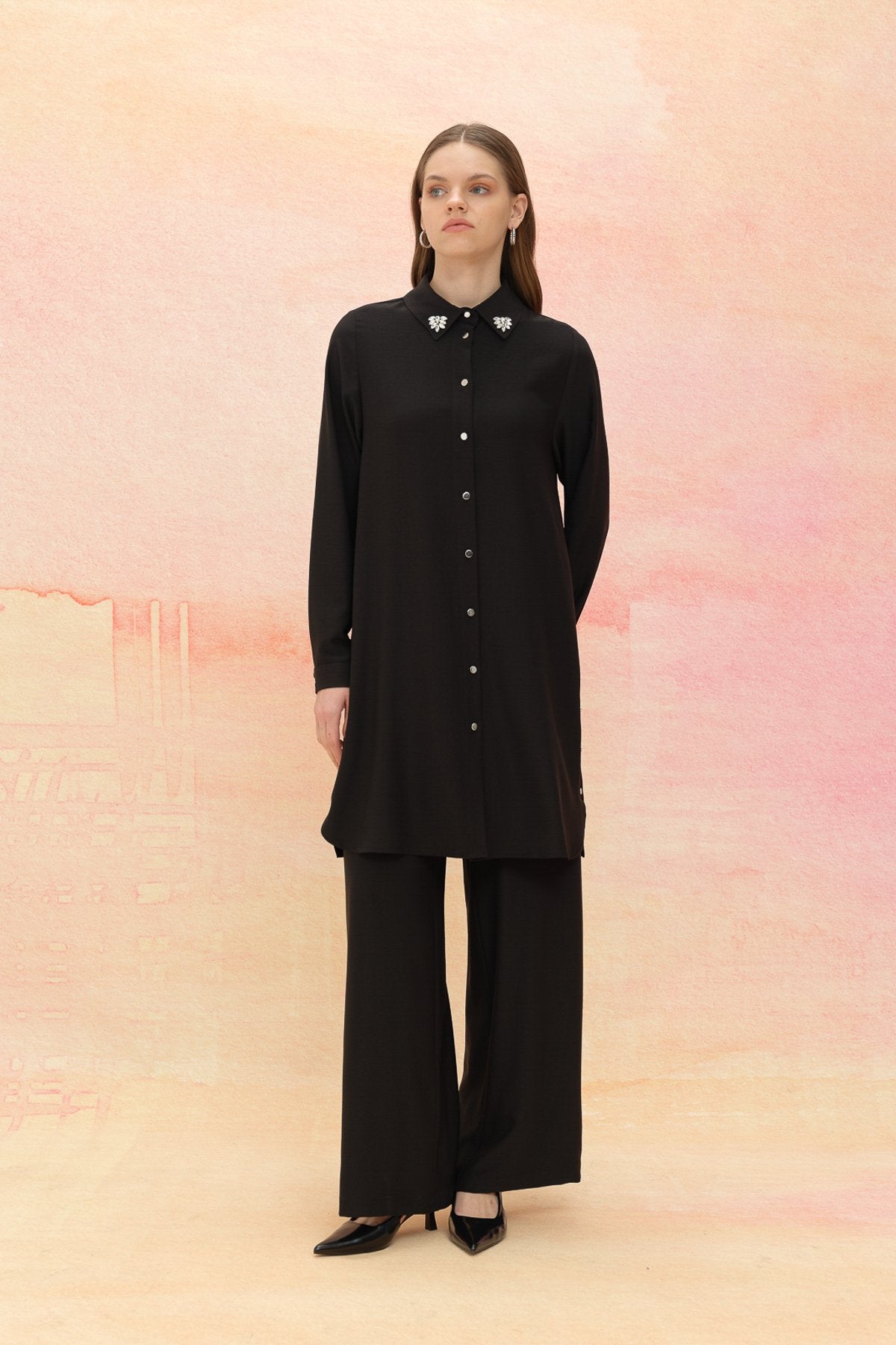 Taş Detaylı Pantolon Tunik Takım - Siyah