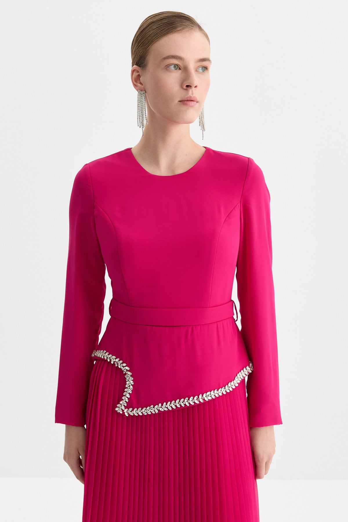 Stone-Detailed Pleated Skirt Dress - Fuchsia