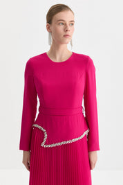 Stone-Detailed Pleated Skirt Dress - Fuchsia