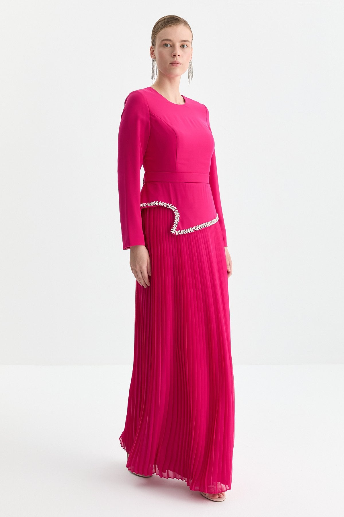 Stone-Detailed Pleated Skirt Dress - Fuchsia