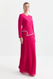 Stone-Detailed Pleated Skirt Dress - Fuchsia