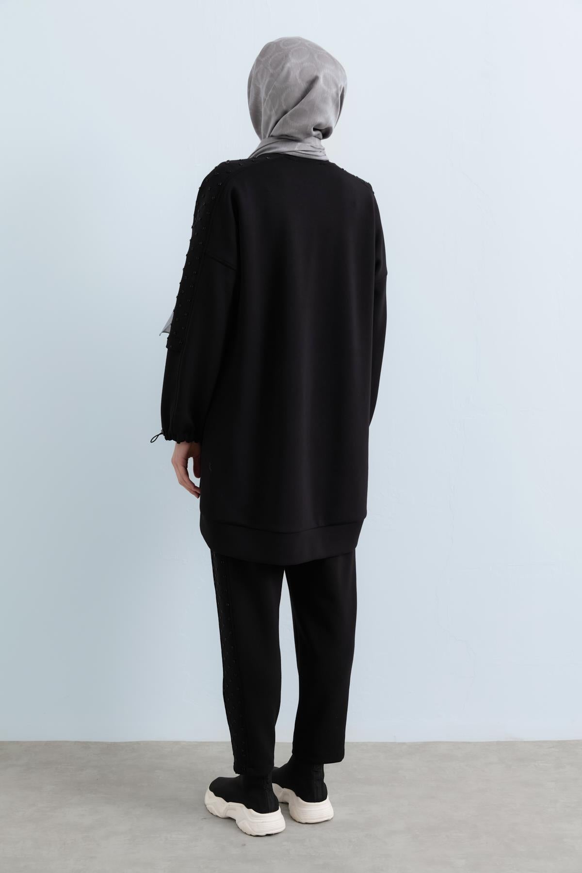Relaxed Fit Sweatshirt with Stone Detail - Black