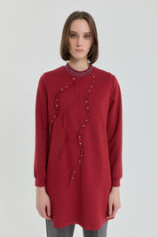 Taş Detaylı Ribanalı Örme Tunik - Bordo