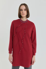 Taş Detaylı Ribanalı Örme Tunik - Bordo