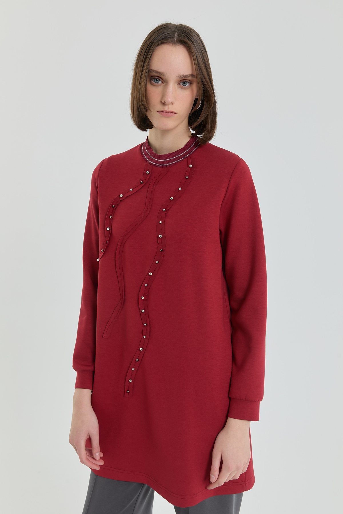Taş Detaylı Ribanalı Örme Tunik - Bordo
