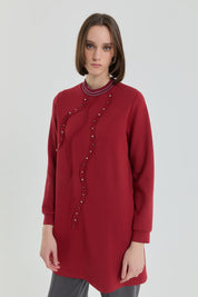 Taş Detaylı Ribanalı Örme Tunik - Bordo