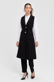 Stone Buttoned Striped Vest and Trousers Set - Black