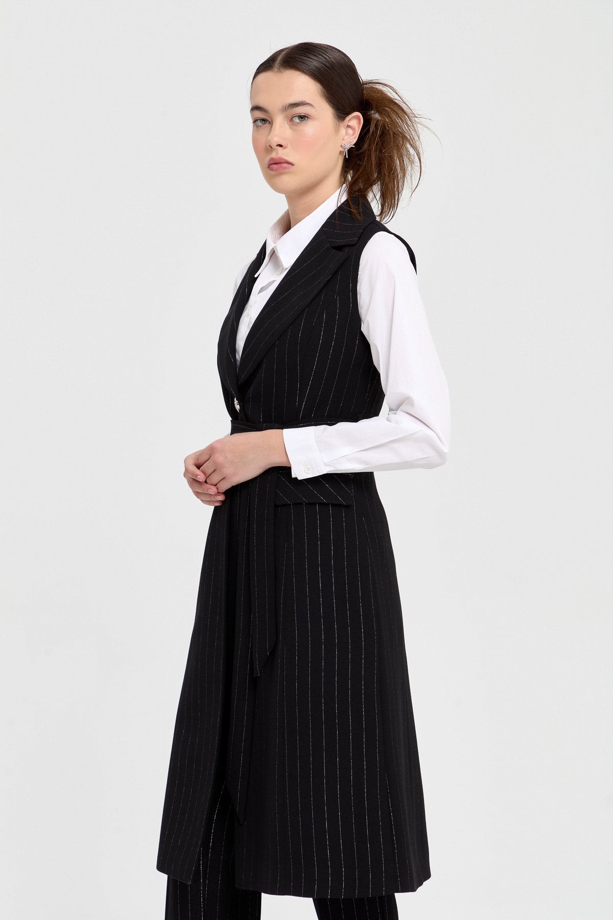 Stone Buttoned Striped Vest and Trousers Set - Black