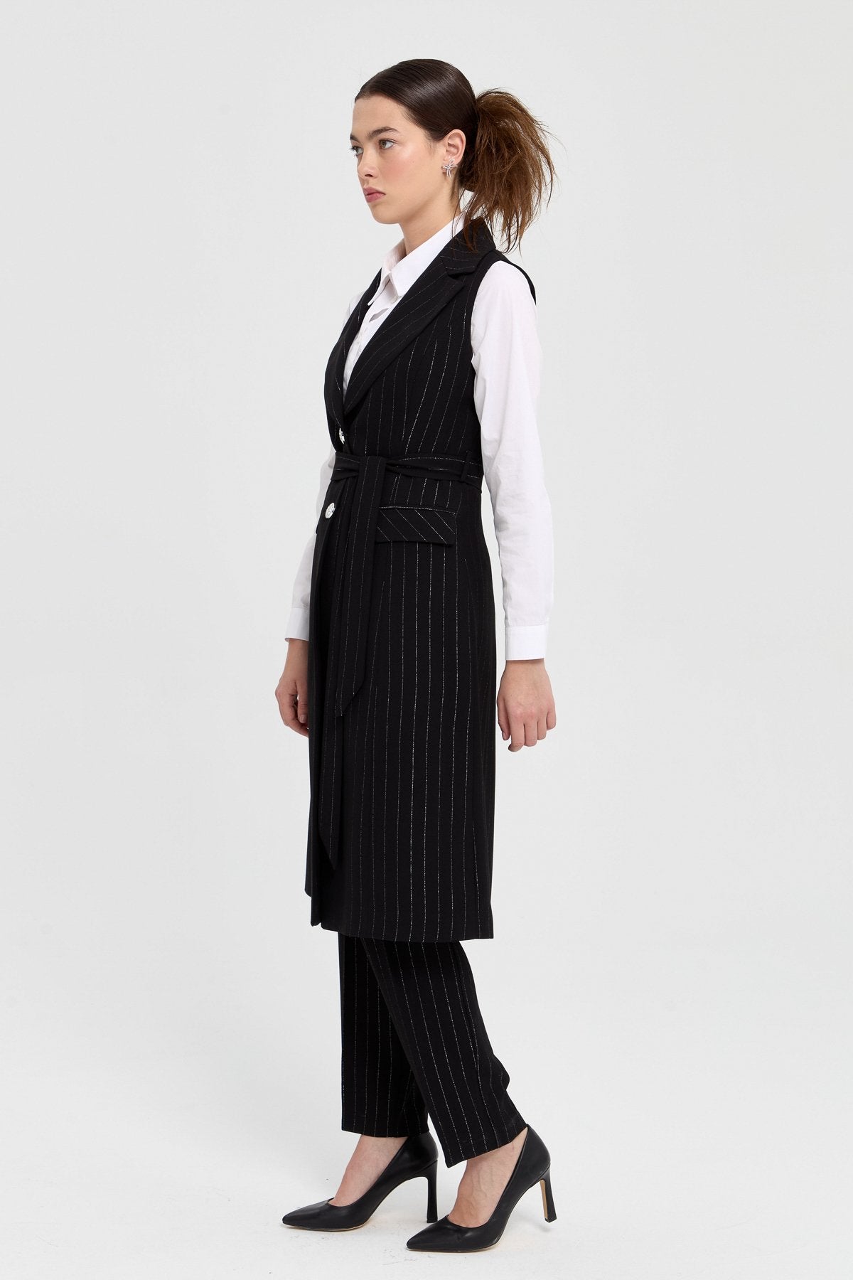 Stone Buttoned Striped Vest and Trousers Set - Black