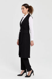 Stone Buttoned Striped Vest and Trousers Set - Black