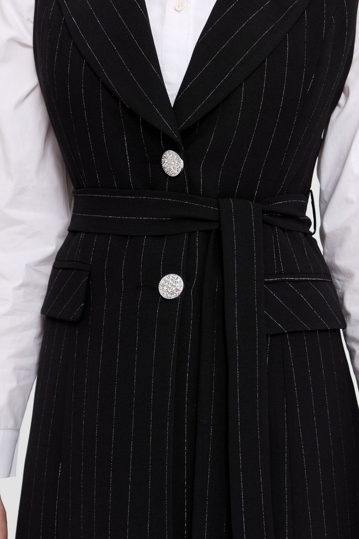 Stone Buttoned Striped Vest and Trousers Set - Black