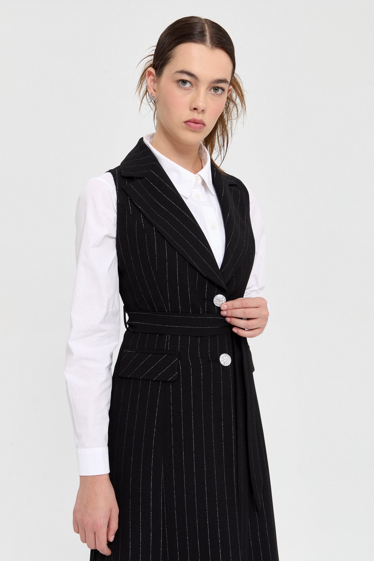Stone Buttoned Striped Vest and Trousers Set - Black