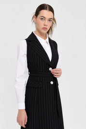 Stone Buttoned Striped Vest and Trousers Set - Black