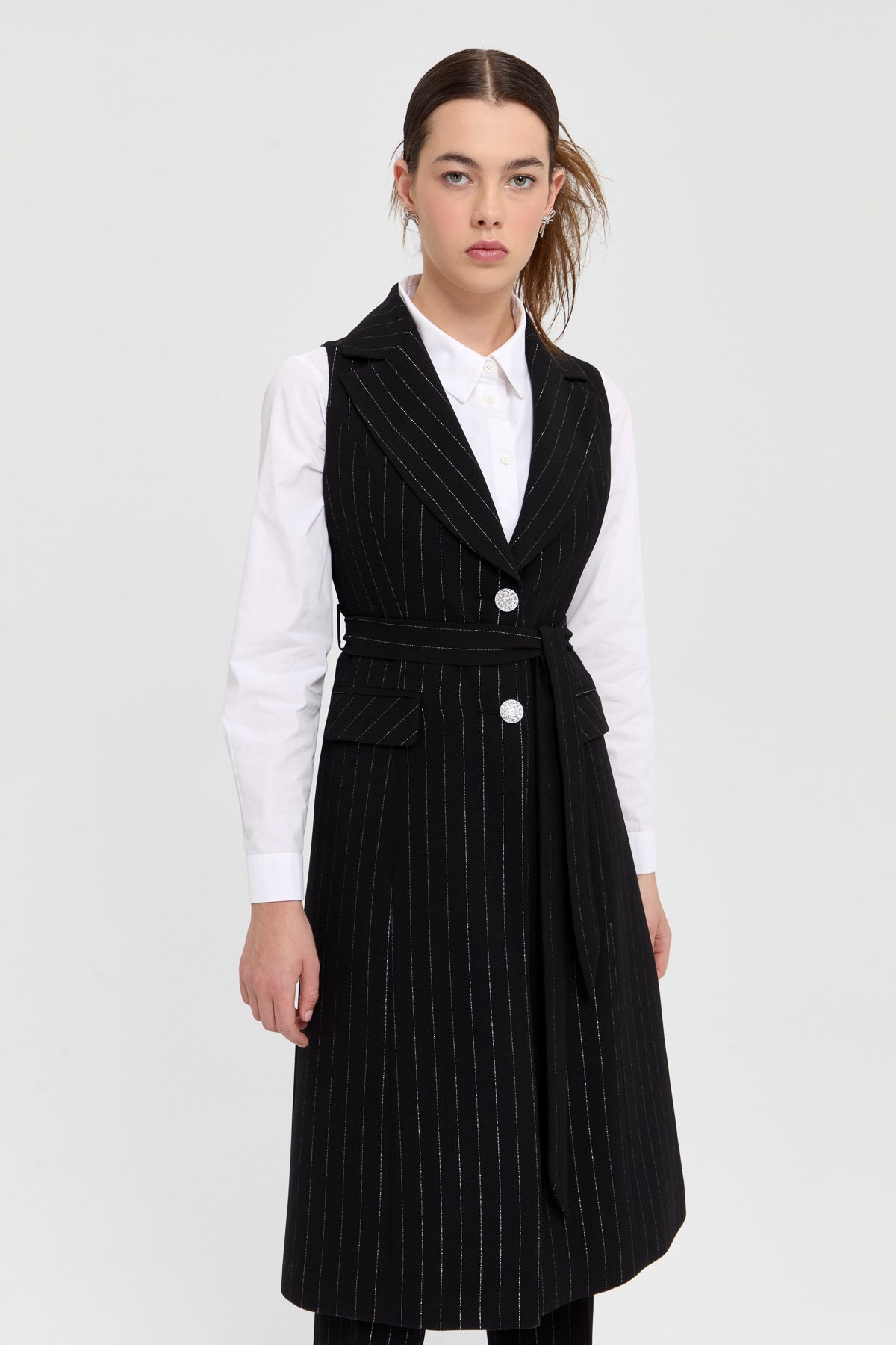 Stone Buttoned Striped Vest and Trousers Set - Black