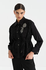 Stone Buttoned Lace Jacket - Black