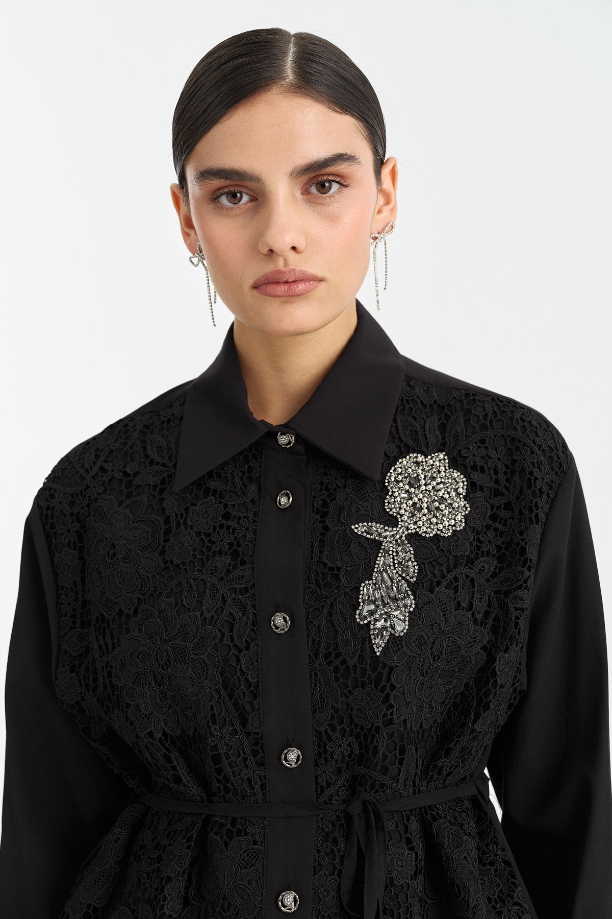 Stone Buttoned Lace Jacket - Black