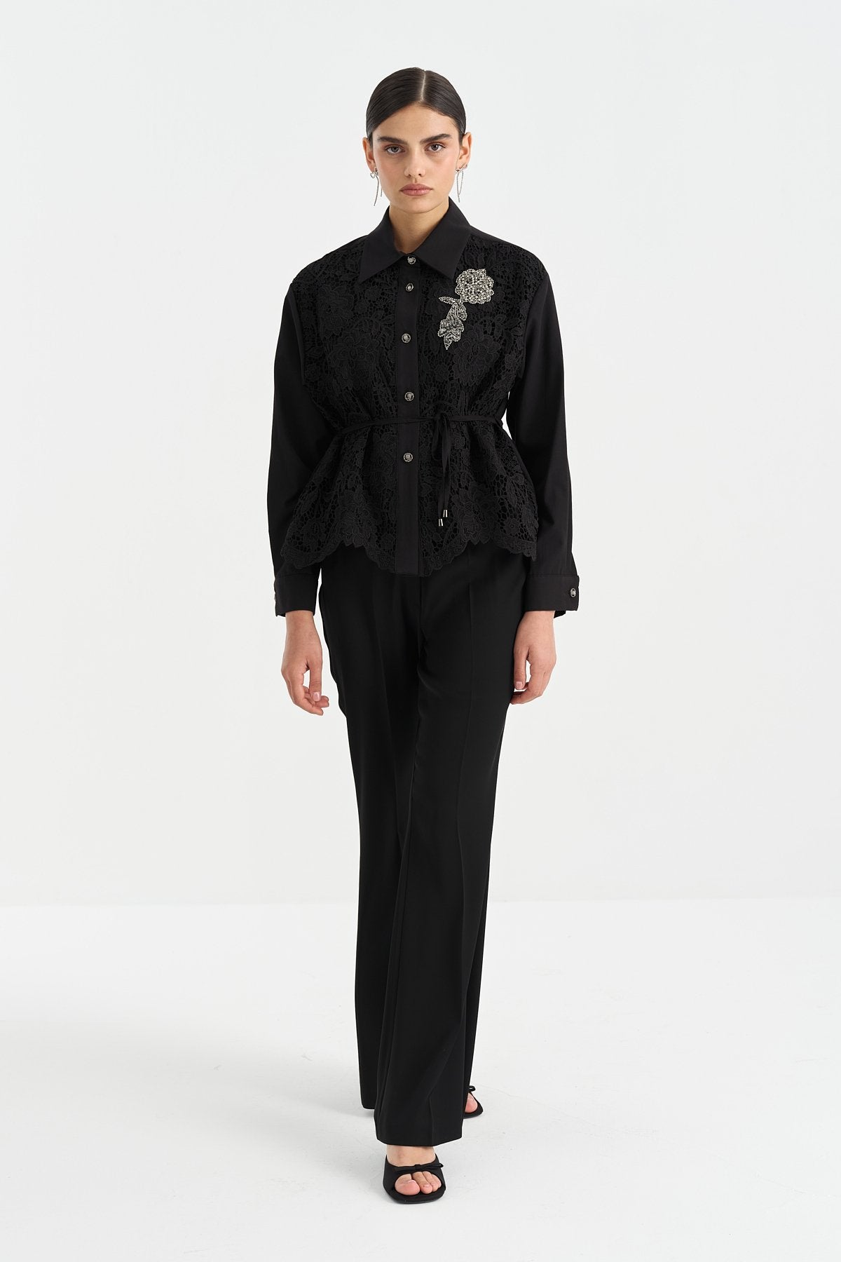 Stone Buttoned Lace Jacket - Black